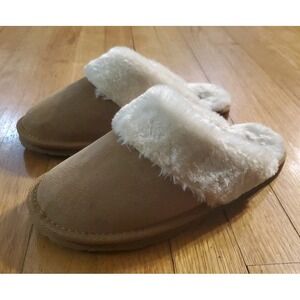 Minnetonka Women Size 8 Suede Leather Slipper Tan Cozy House Shoe Slides Fleece